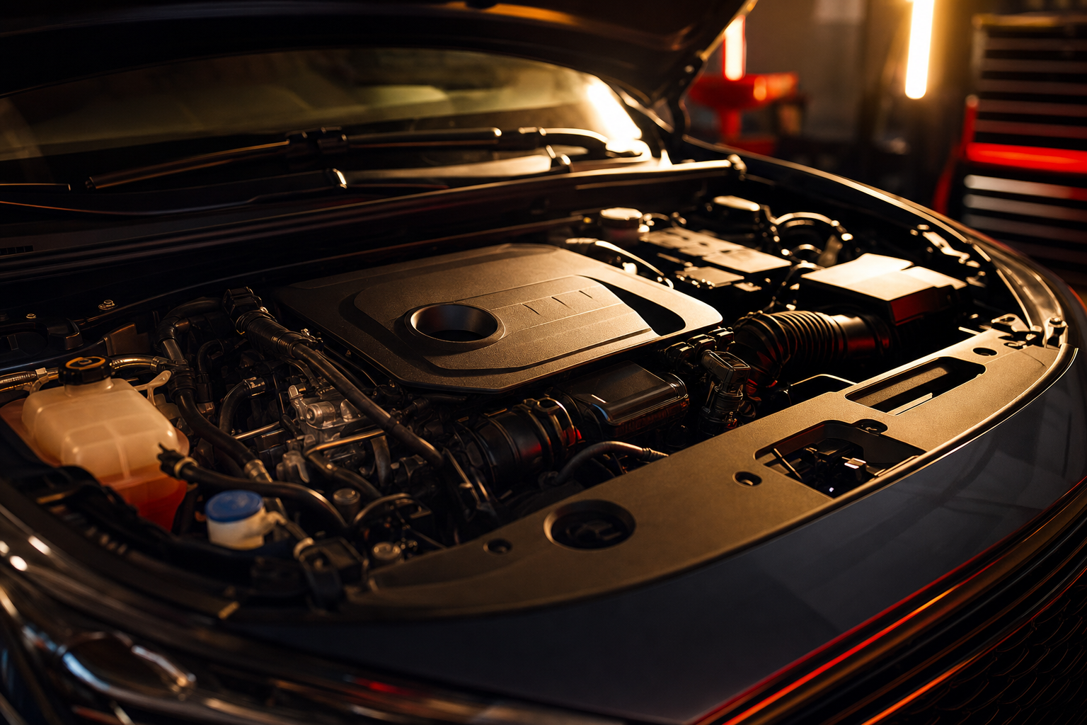 Clean car engine bay with the hood open during a diagnostic