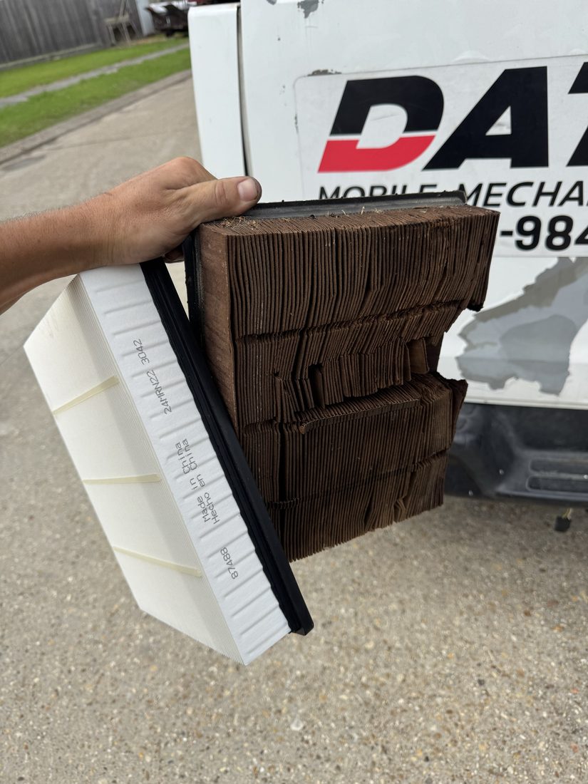 Side-by-side comparison of a clean new air filter and a dirty old one