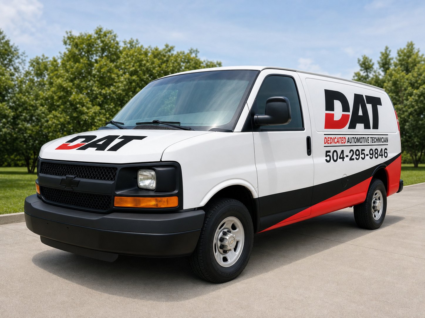 The DAT Mobile Mechanic service van with black and red branded wrap, parked and ready for a service call