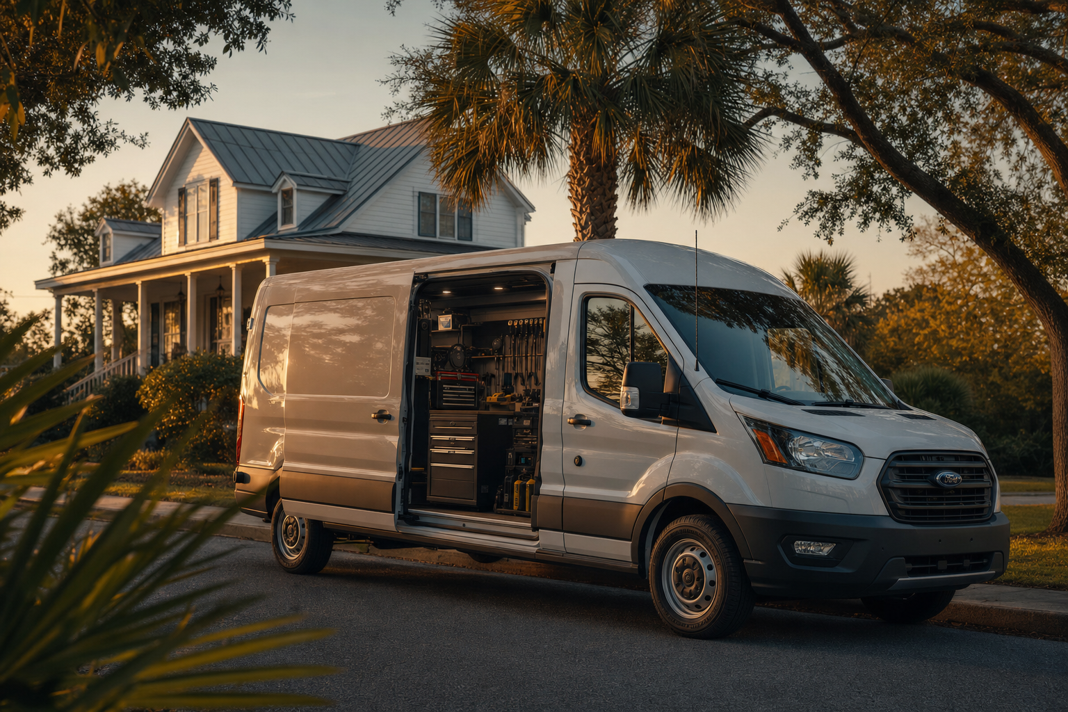 DAT mobile mechanic service van on a residential street at golden hour